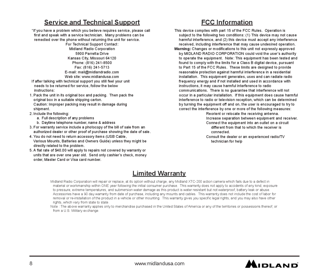 Midland Radio XTC-200 owner manual Service and Technical Support, FCC Information, Limited Warranty 