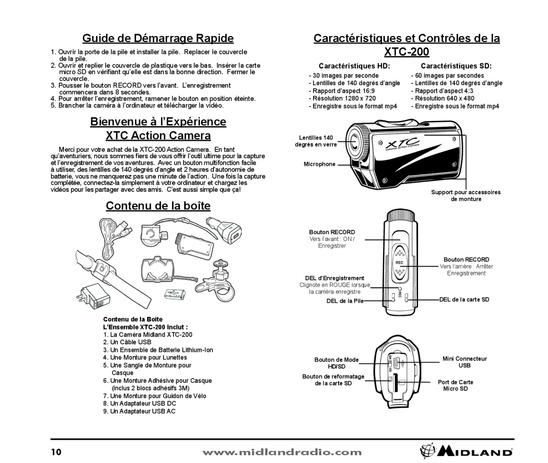 Midland Radio XTC-200 owner manual Guide de Démarrage Rapide, XTC Action Camera, Contenu de la boîte 