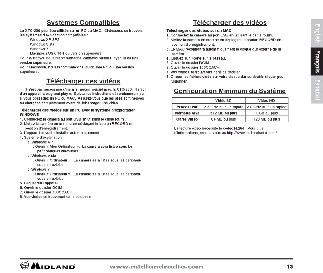 Midland Radio XTC-200 owner manual Systèmes Compatibles, Télécharger des vidéos, Configuration Minimum du Système 