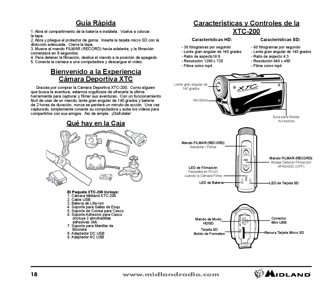 Midland Radio XTC-200 owner manual Guía Rápida, Bienvenido a la Experiencia Cámara Deportiva XTC, Qué hay en la Caja 