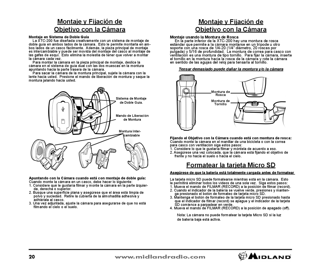 Midland Radio XTC-200 owner manual Montaje y Fijación de Objetivo con la Cámara, Formatear la tarjeta Micro SD 