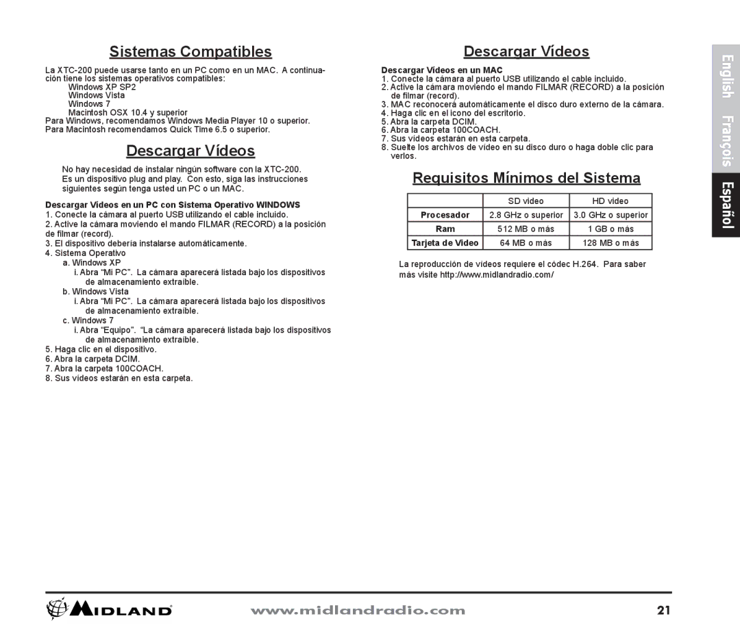 Midland Radio XTC-200 owner manual Sistemas Compatibles, Descargar Vídeos, Requisitos Mínimos del Sistema 