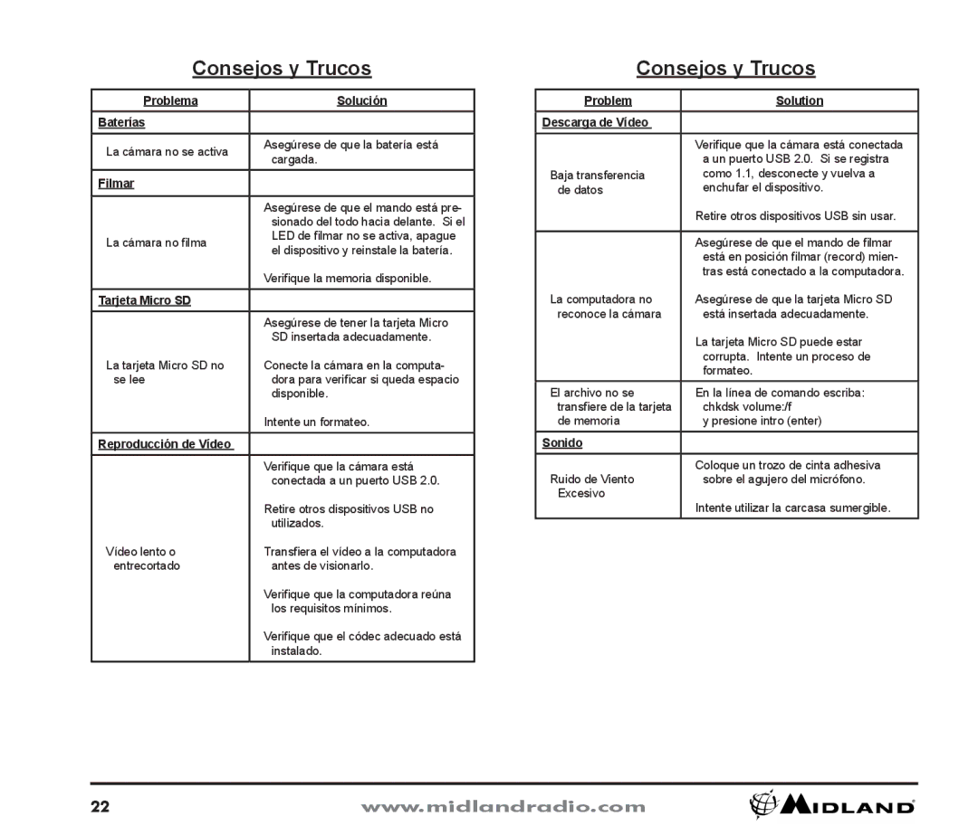 Midland Radio XTC-200 owner manual Consejos y Trucos, Problema Solución Baterías, Reproducción de Vídeo, Sonido 