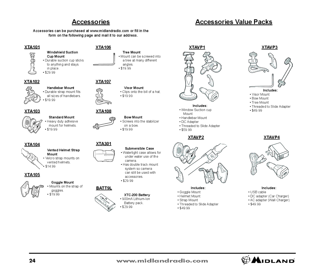 Midland Radio XTC-200 owner manual Accessories Value Packs 