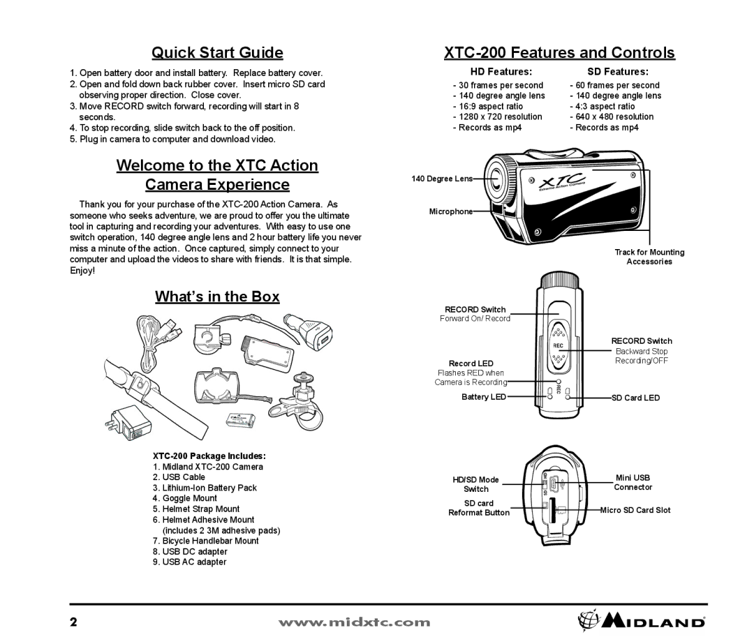 Midland Radio owner manual Quick Start Guide XTC-200 Features and Controls, Welcome to the XTC Action, Camera Experience 