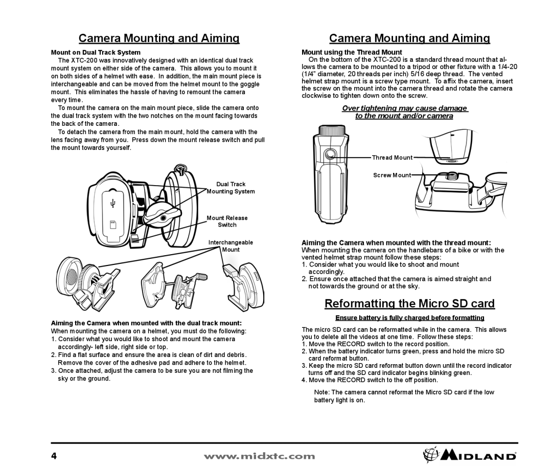 Midland Radio XTC-200 owner manual Camera Mounting and Aiming, Reformatting the Micro SD card 