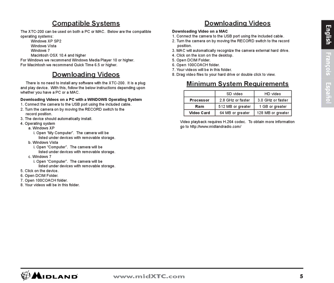 Midland Radio XTC-200 owner manual Compatible Systems, Downloading Videos, Minimum System Requirements 