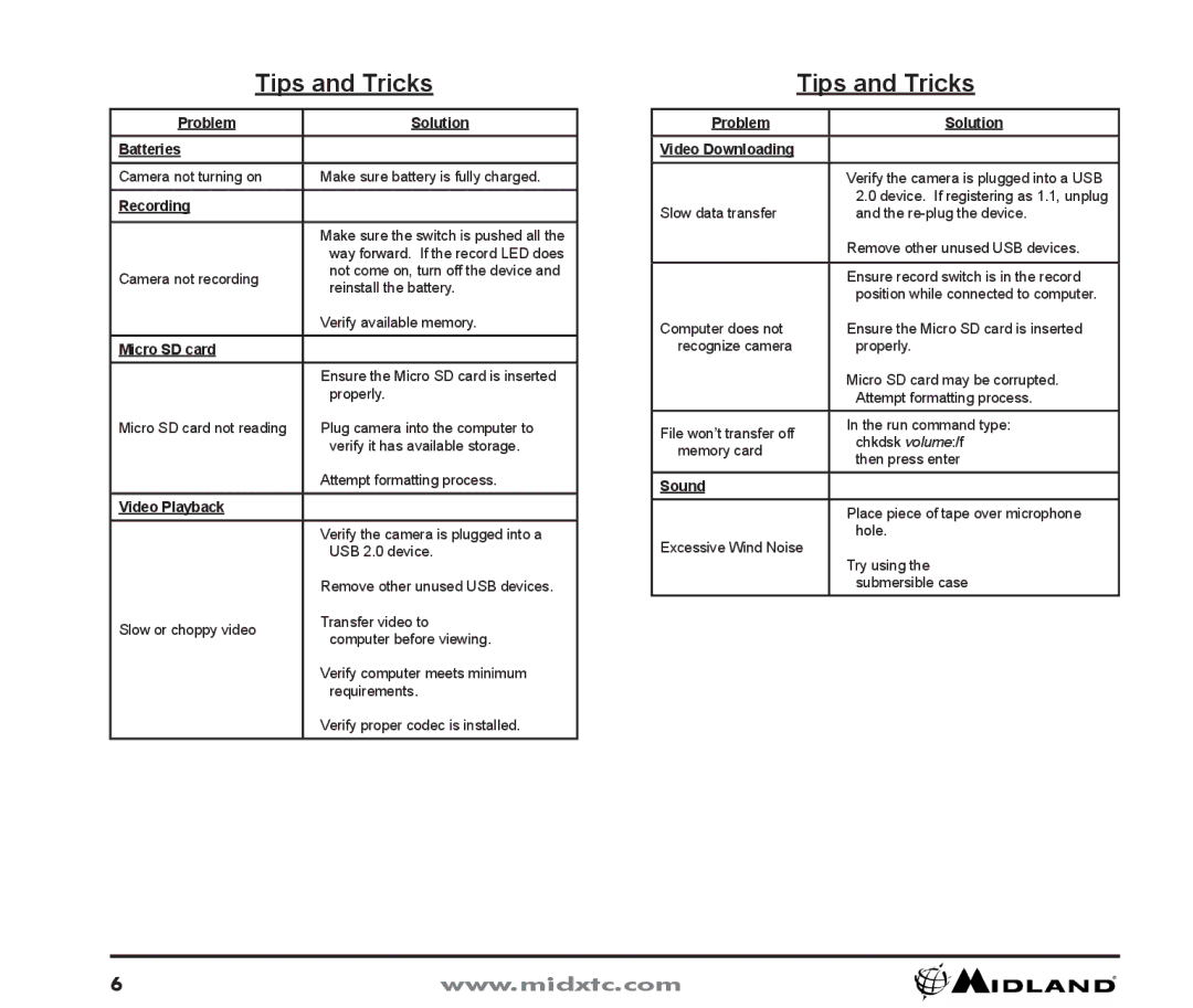 Midland Radio XTC-200 owner manual Tips and Tricks, Problem Solution Batteries, Video Playback, Sound 
