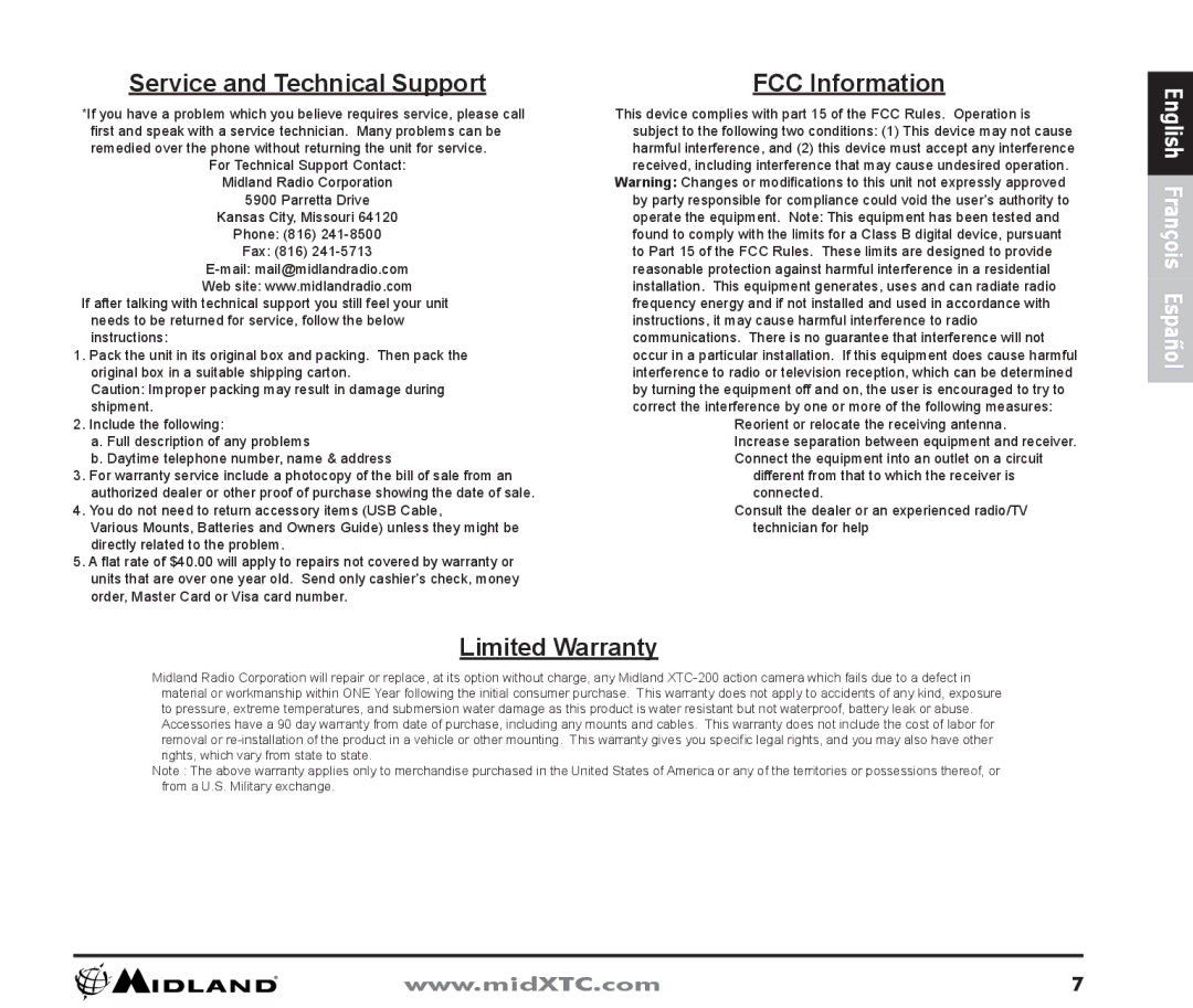 Midland Radio XTC-200 owner manual Service and Technical Support, FCC Information, Limited Warranty 