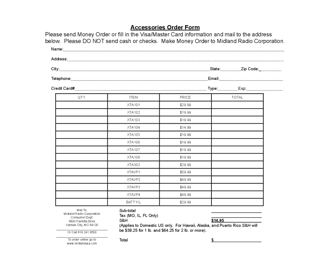 Midland Radio XTC300 quick start Accessories Order Form, $14.95 