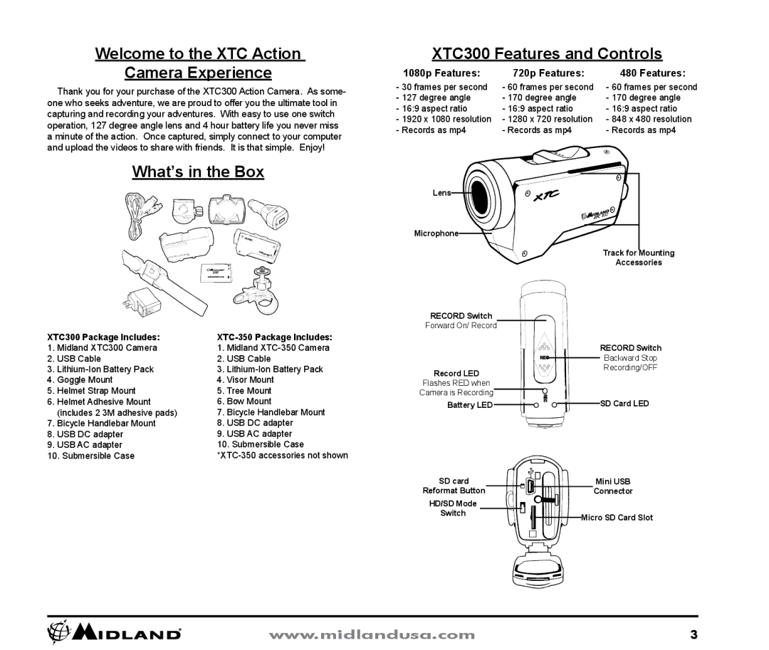 Midland Radio quick start Welcome to the XTC Action Camera Experience, What’s in the Box, XTC300 Features and Controls 