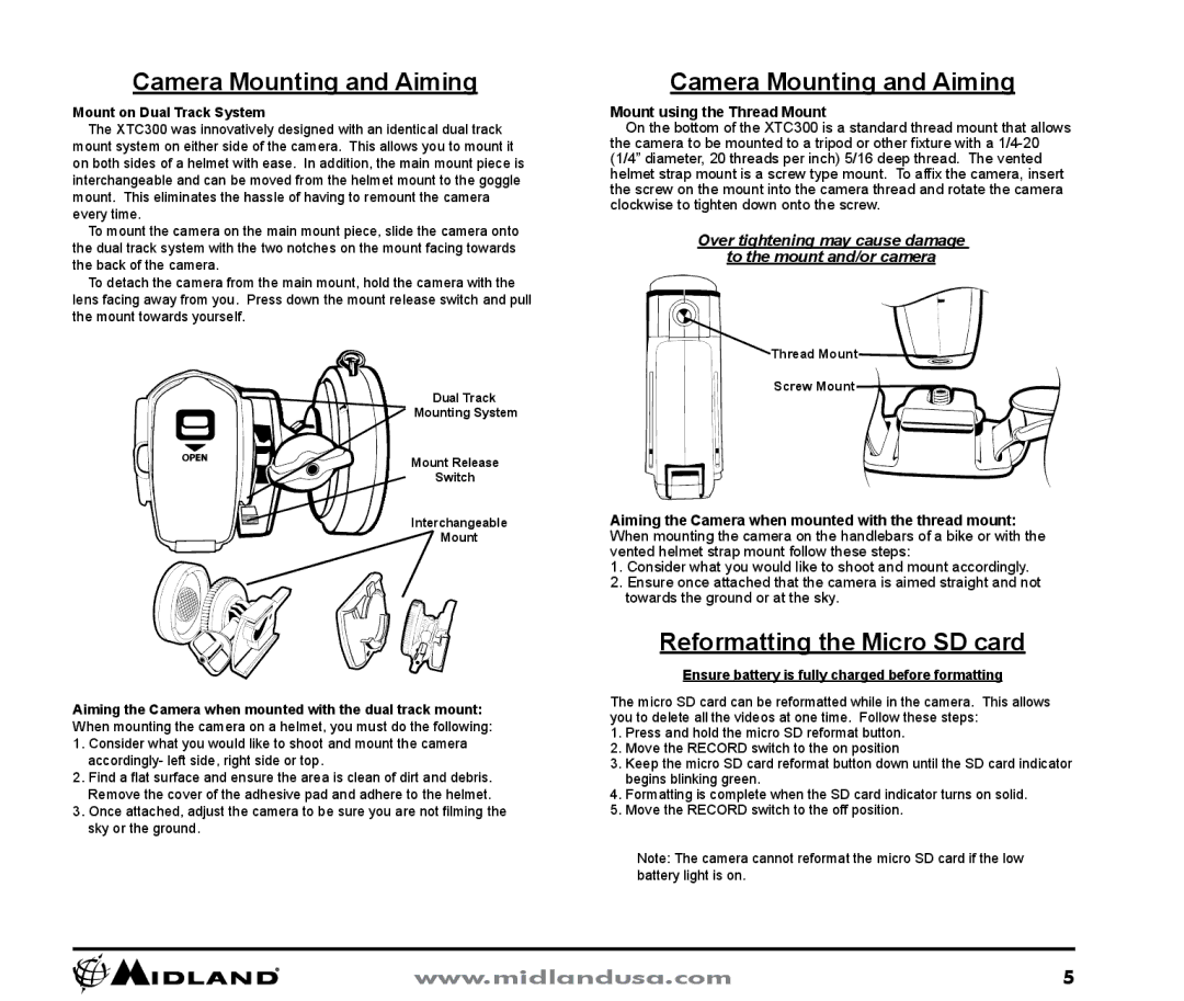 Midland Radio XTC300 quick start Camera Mounting and Aiming, Reformatting the Micro SD card, Mount on Dual Track System 