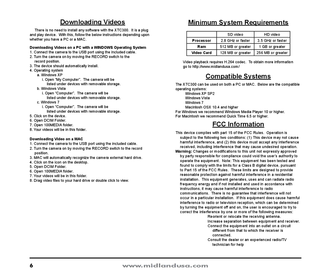 Midland Radio XTC300 quick start Downloading Videos, Minimum System Requirements, Compatible Systems, FCC Information 