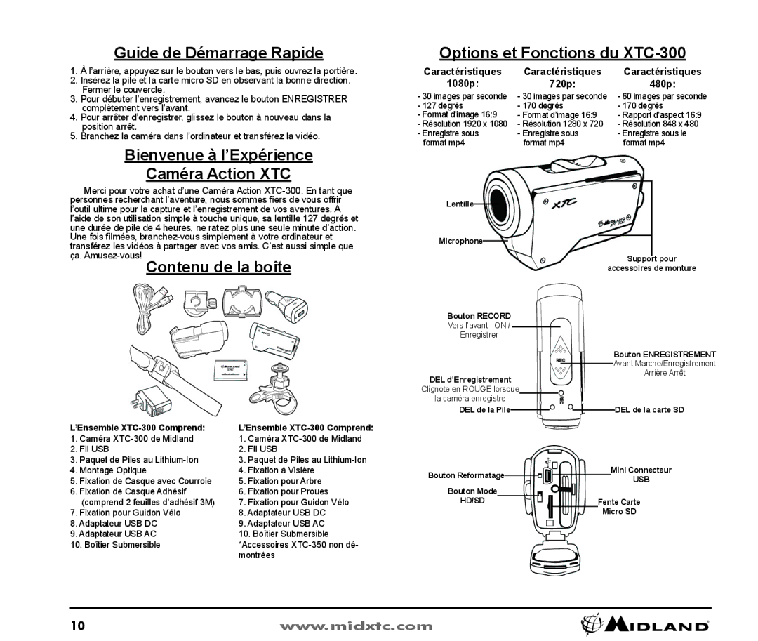 Midland Radio XTC300 owner manual Guide de Démarrage Rapide, Caractéristiques, ’Ensemble XTC-300 Comprend 