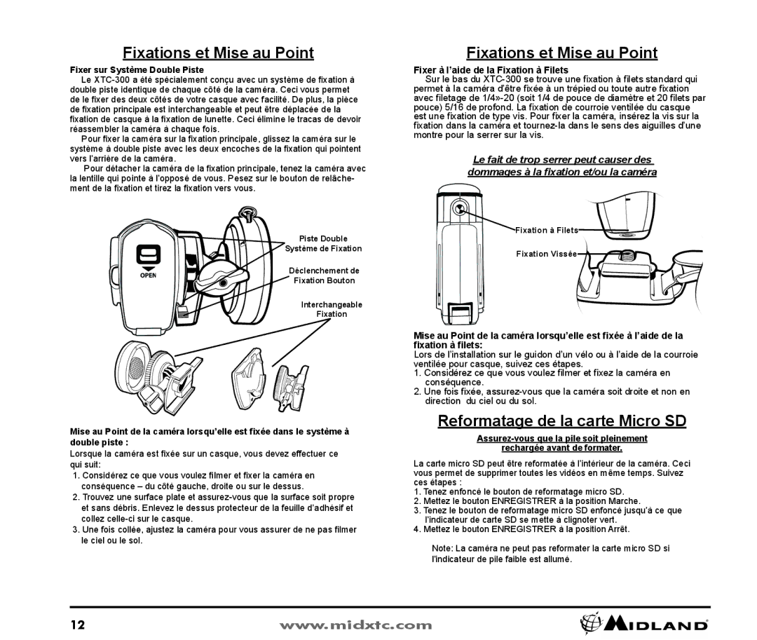 Midland Radio XTC300 Fixations et Mise au Point, Reformatage de la carte Micro SD, Fixer sur Système Double Piste 