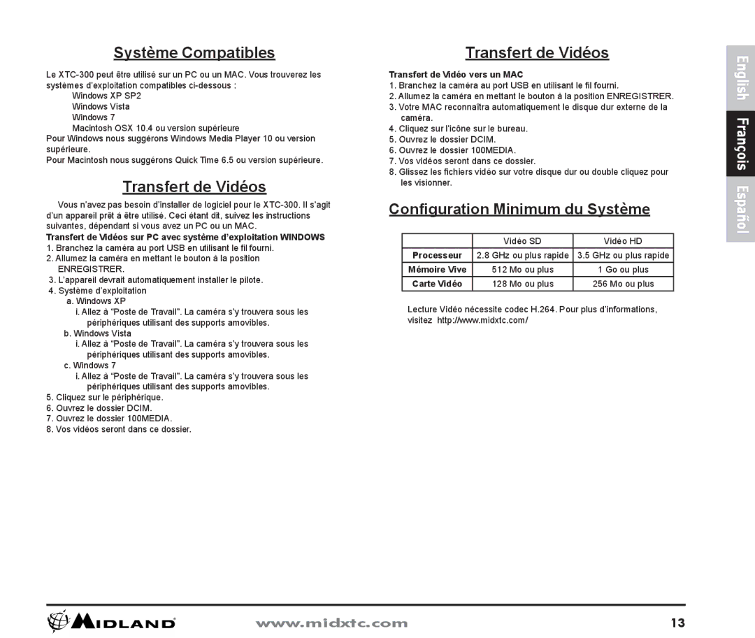 Midland Radio XTC300 owner manual Système Compatibles, Transfert de Vidéos, Configuration Minimum du Système 