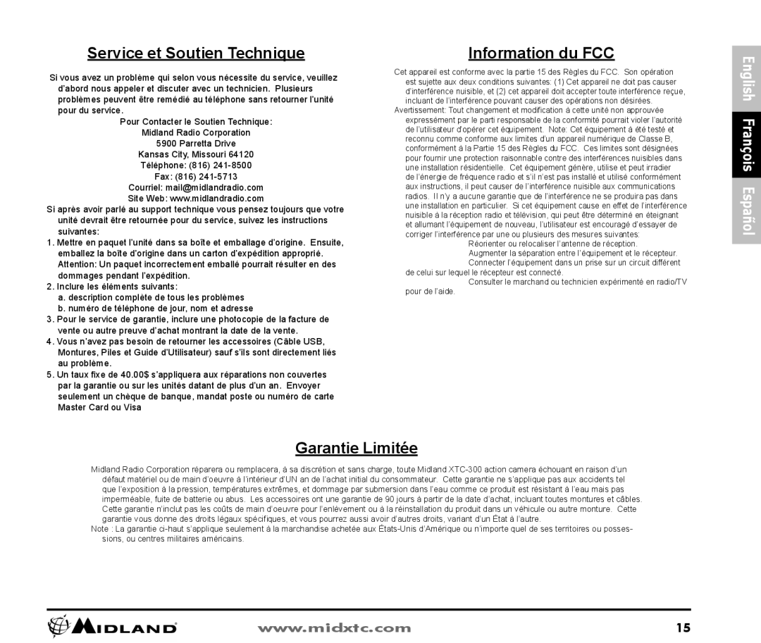 Midland Radio XTC300 owner manual Service et Soutien Technique, Information du FCC, Garantie Limitée 