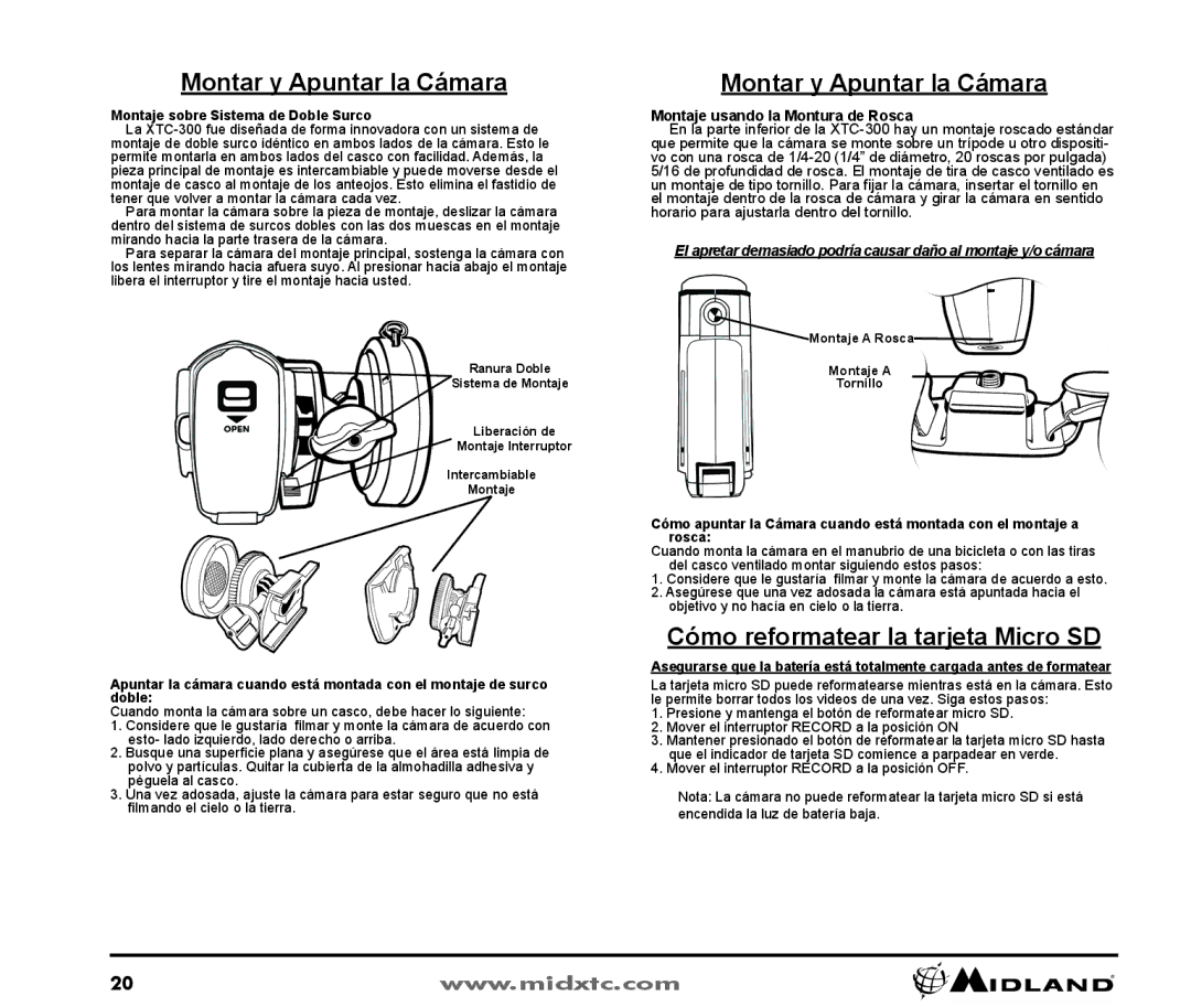 Midland Radio XTC300 Montar y Apuntar la Cámara, Cómo reformatear la tarjeta Micro SD, Montaje usando la Montura de Rosca 