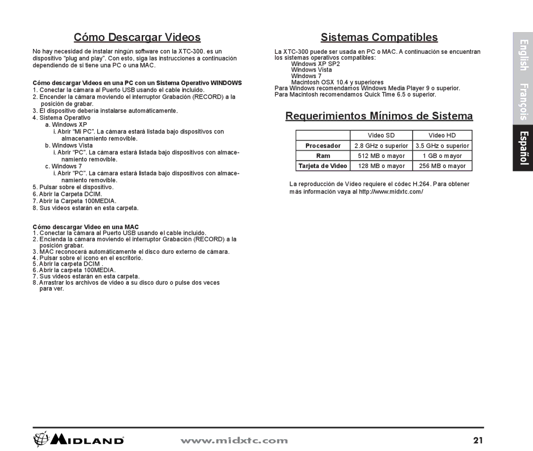 Midland Radio XTC300 Cómo Descargar Videos, Sistemas Compatibles, Requerimientos Mínimos de Sistema, Procesador 