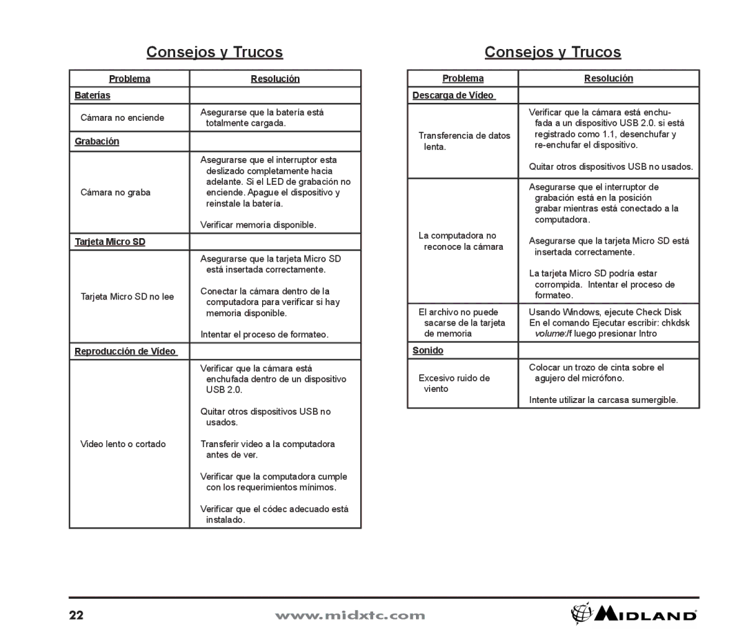 Midland Radio XTC300 owner manual Consejos y Trucos, Problema Resolución Baterías, Reproducción de Vídeo, Sonido 