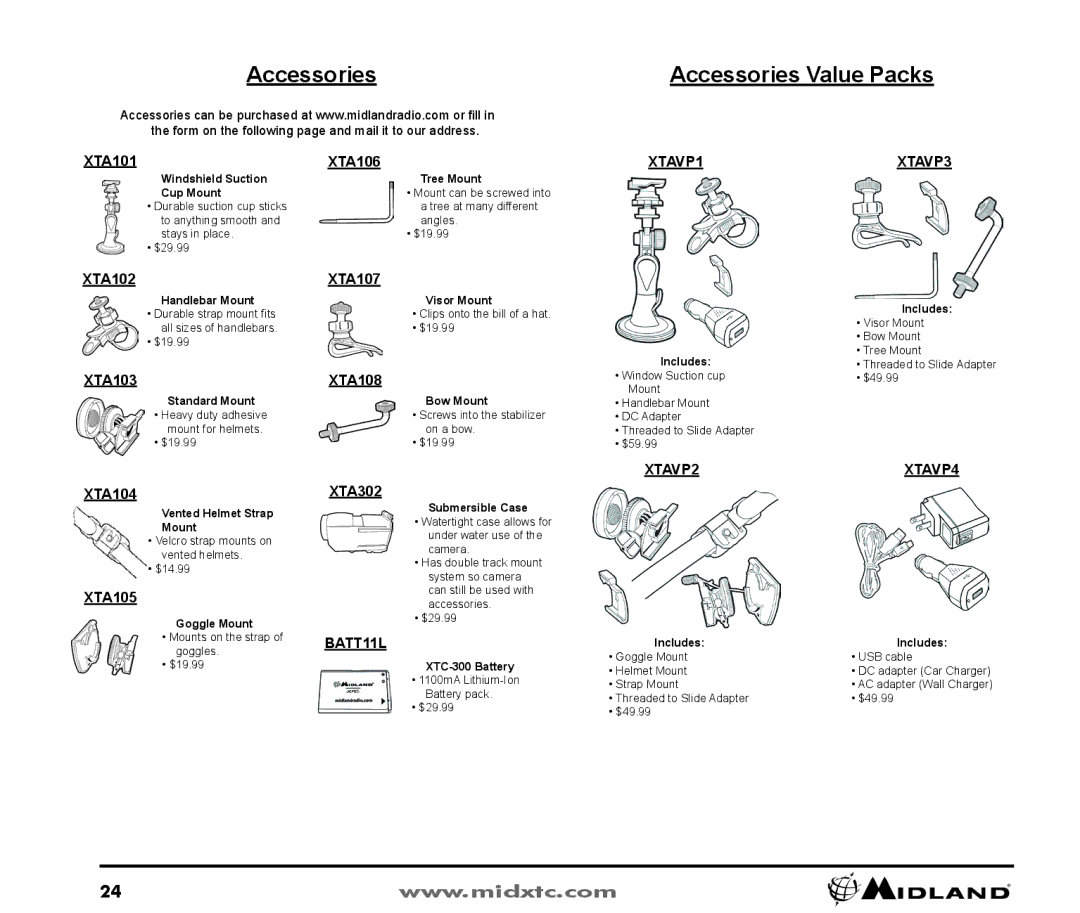 Midland Radio XTC300 owner manual Accessories Value Packs 