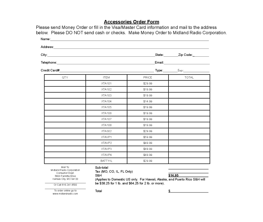 Midland Radio XTC300 owner manual Accessories Order Form, $14.95 