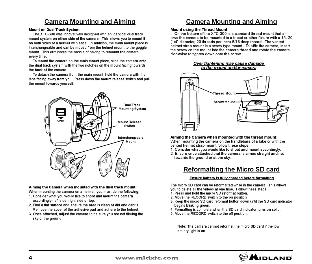 Midland Radio XTC300 owner manual Camera Mounting and Aiming, Reformatting the Micro SD card, Mount on Dual Track System 