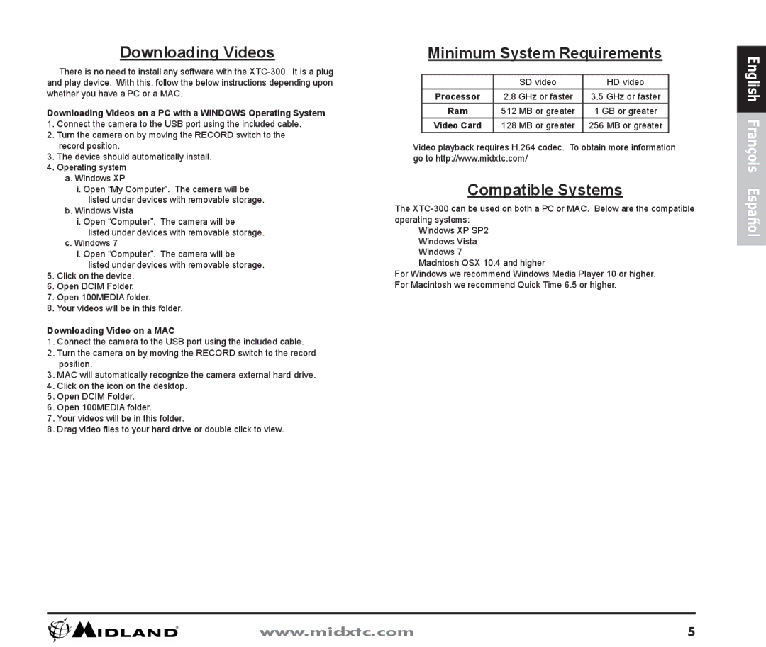 Midland Radio XTC300 owner manual Downloading Videos, Minimum System Requirements, Compatible Systems 