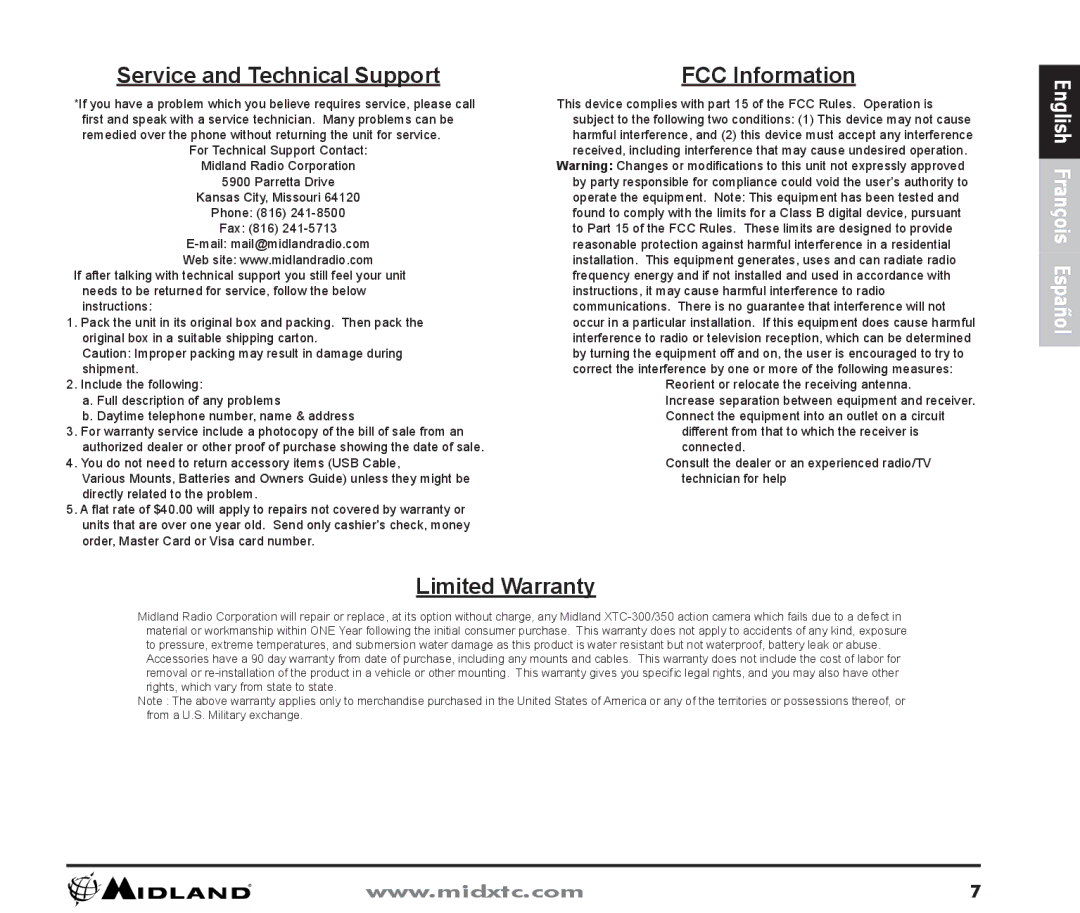 Midland Radio XTC300 owner manual Service and Technical Support, FCC Information, Limited Warranty 