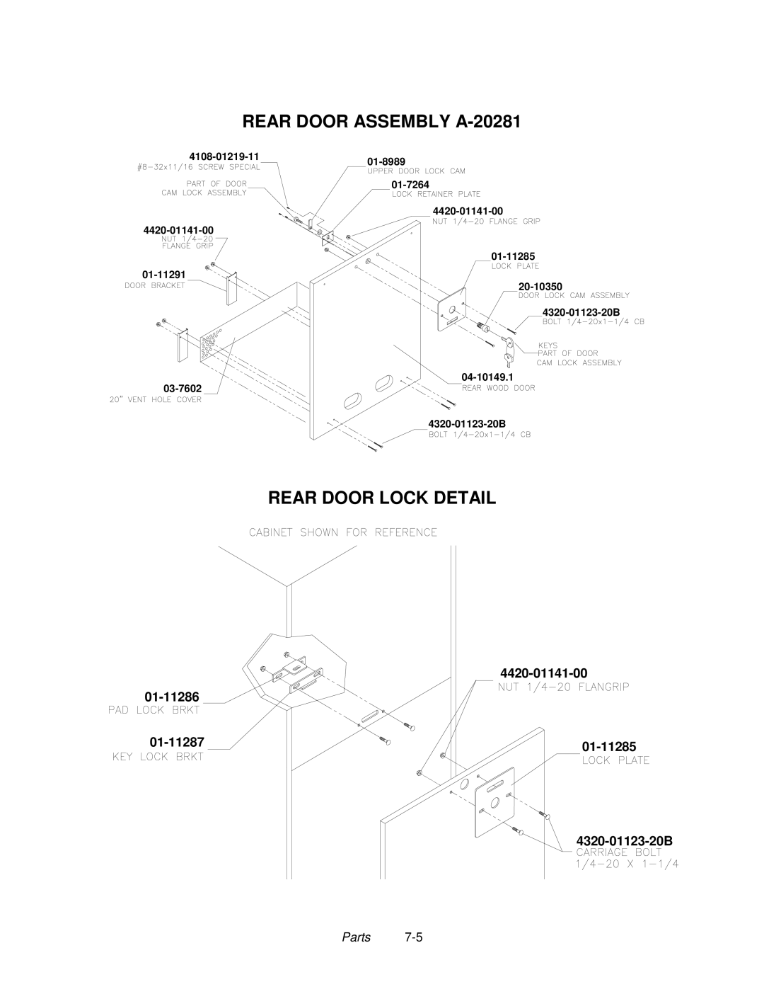 Midway 4-Player 25" Dedicated Video Game manual Rear Door Assembly A-20281, Rear Door Lock Detail, 01-11287 