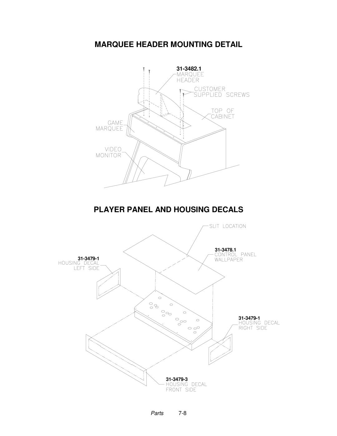 Midway 4-Player 25" Dedicated Video Game manual Marquee Header Mounting Detail, Player Panel and Housing Decals 