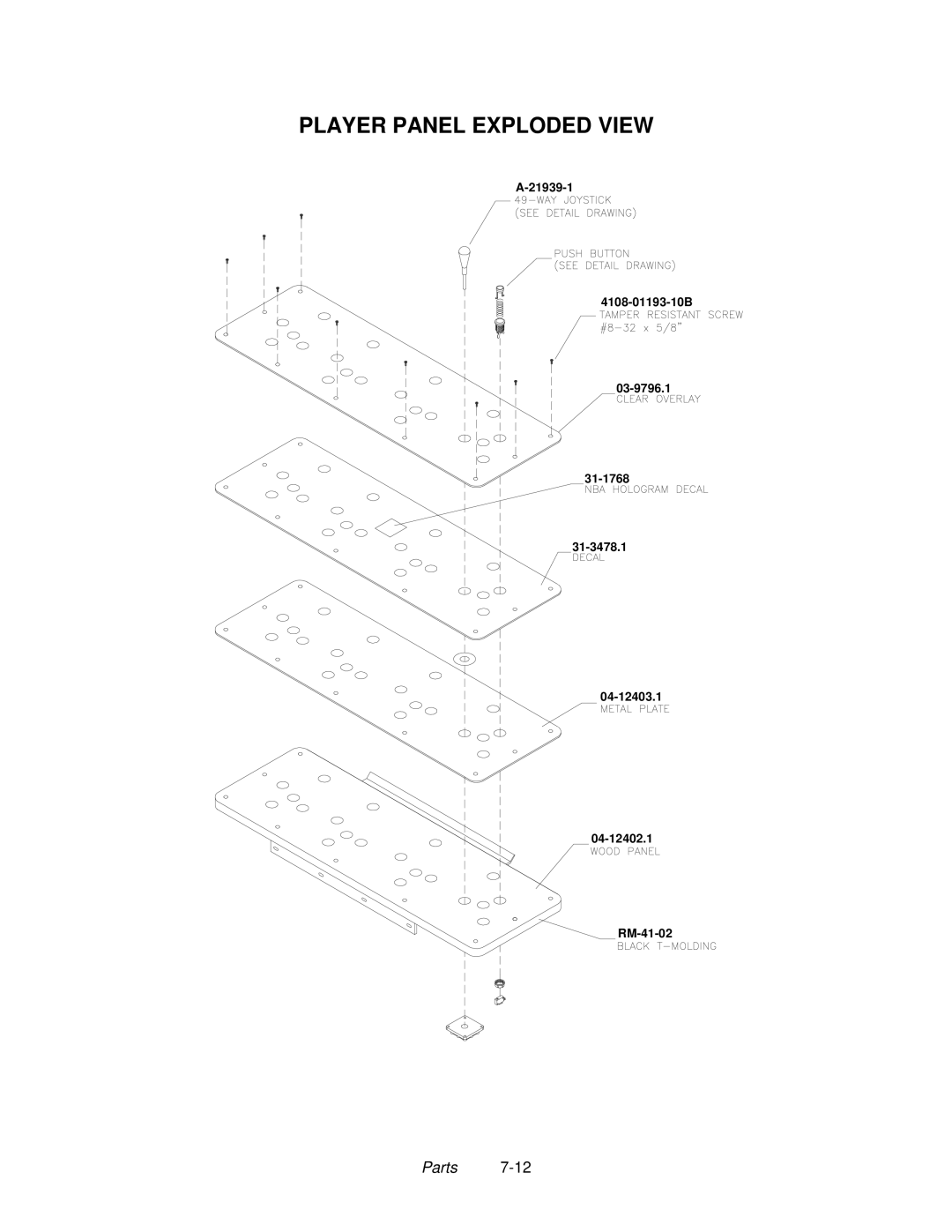 Midway 4-Player 25" Dedicated Video Game manual Player Panel Exploded View 