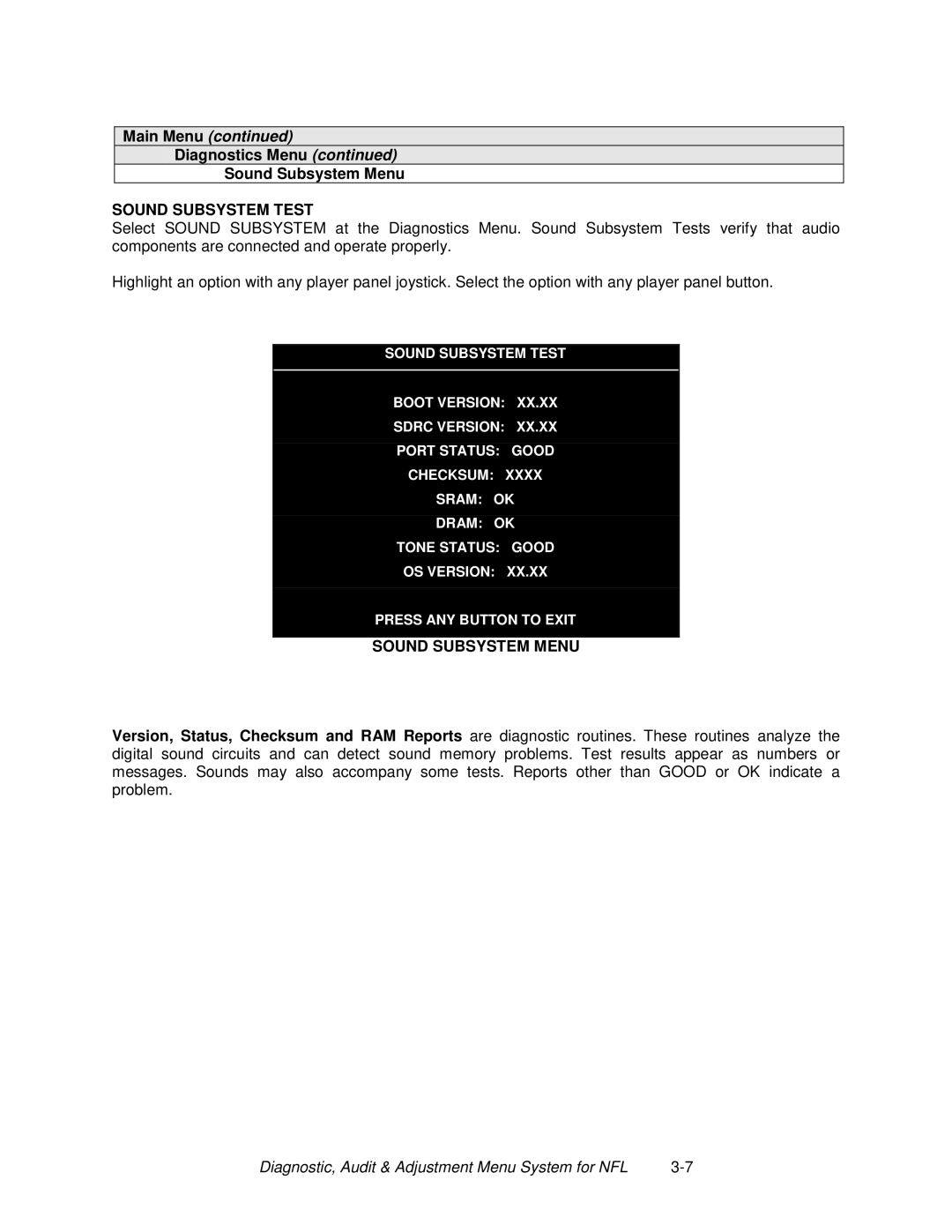 Midway 4-Player 25" Dedicated Video Game manual Diagnostics Menu Sound Subsystem Menu, Sound Subsystem Test 