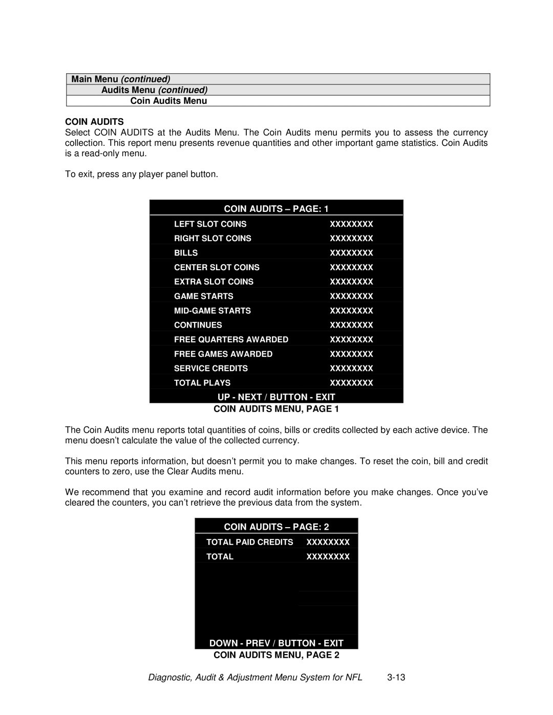 Midway 4-Player 25" Dedicated Video Game manual UP Next / Button Exit, Coin Audits MENU, Down Prev / Button Exit 