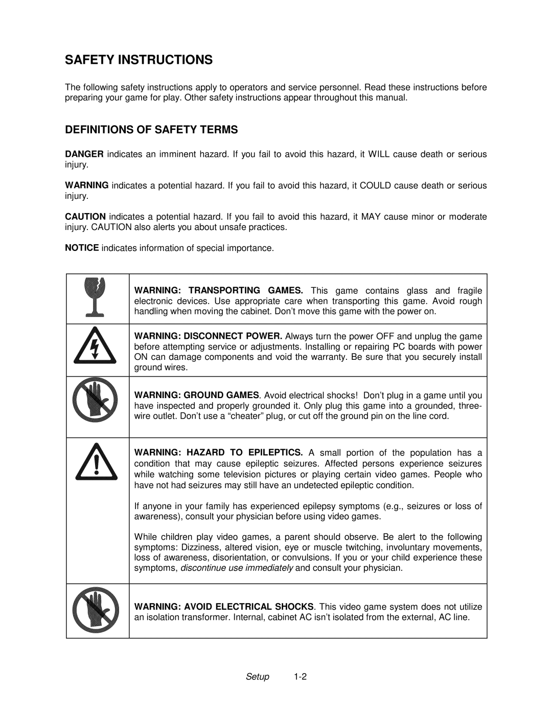 Midway 4-Player 25" Dedicated Video Game manual Safety Instructions, Definitions of Safety Terms 