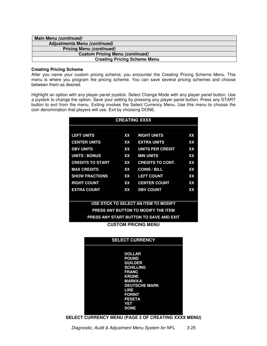 Midway 4-Player 25" Dedicated Video Game manual Creating, Custom Pricing Menu, Select Currency 