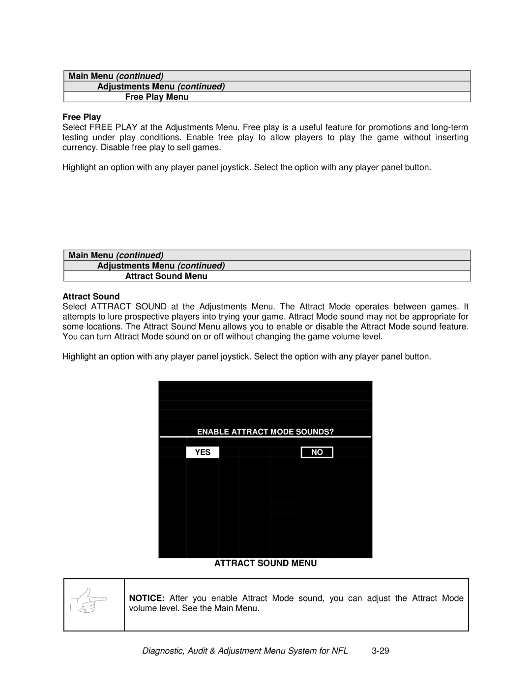 Midway 4-Player 25" Dedicated Video Game manual Adjustments Menu Free Play Menu, Adjustments Menu Attract Sound Menu 