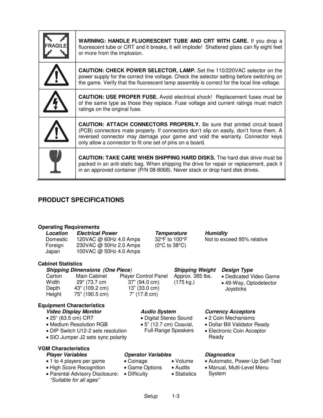 Midway 4-Player 25" Dedicated Video Game manual Product Specifications, Operating Requirements, Equipment Characteristics 