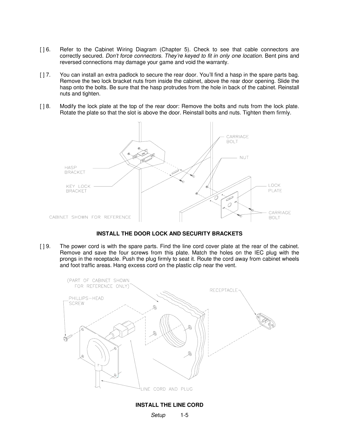 Midway 4-Player 25" Dedicated Video Game manual Install the Door Lock and Security Brackets, Install the Line Cord 