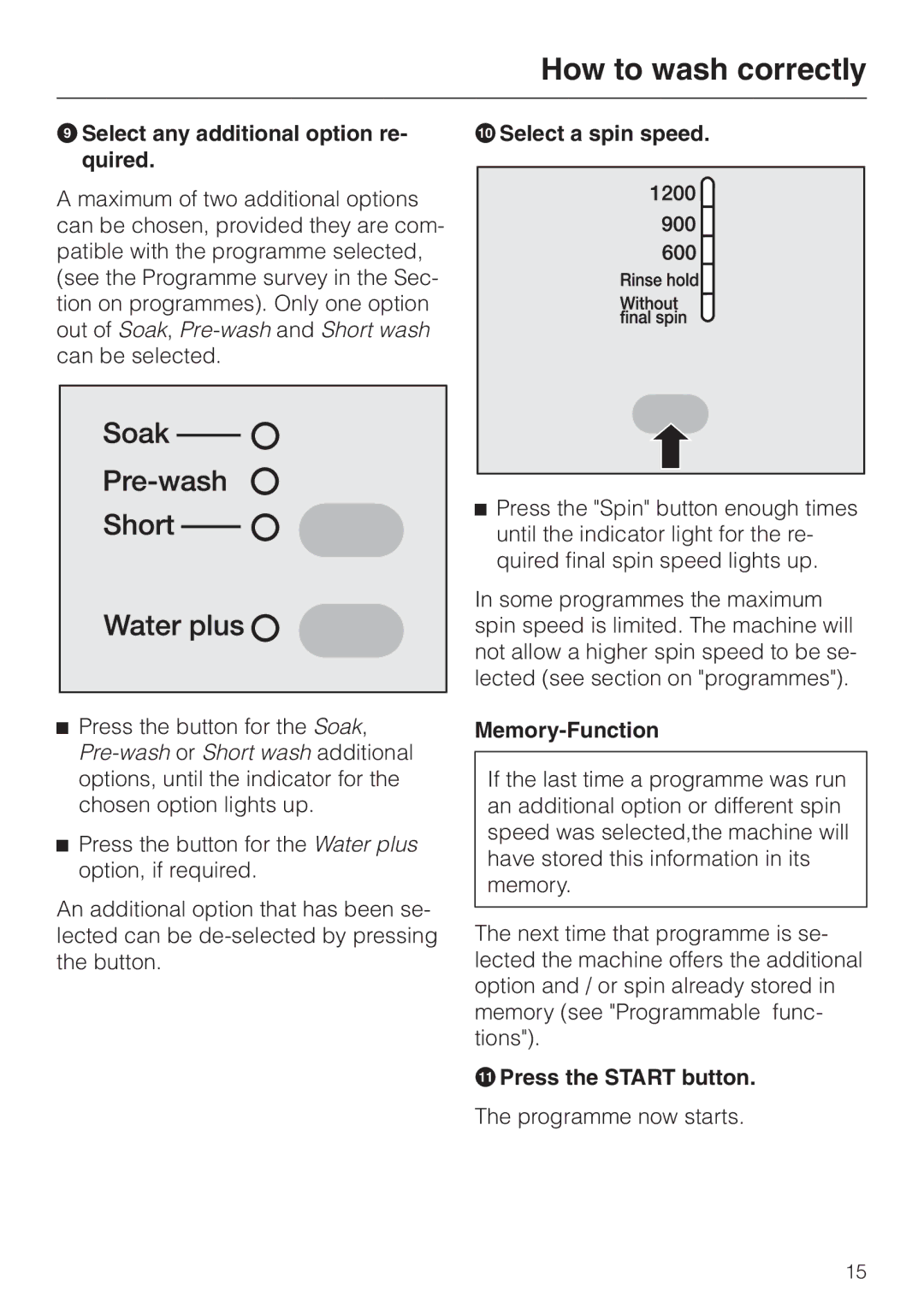 Miele 05 536 980 ISelect any additional option re- quired, JSelect a spin speed, Memory-Function, KPress the Start button 