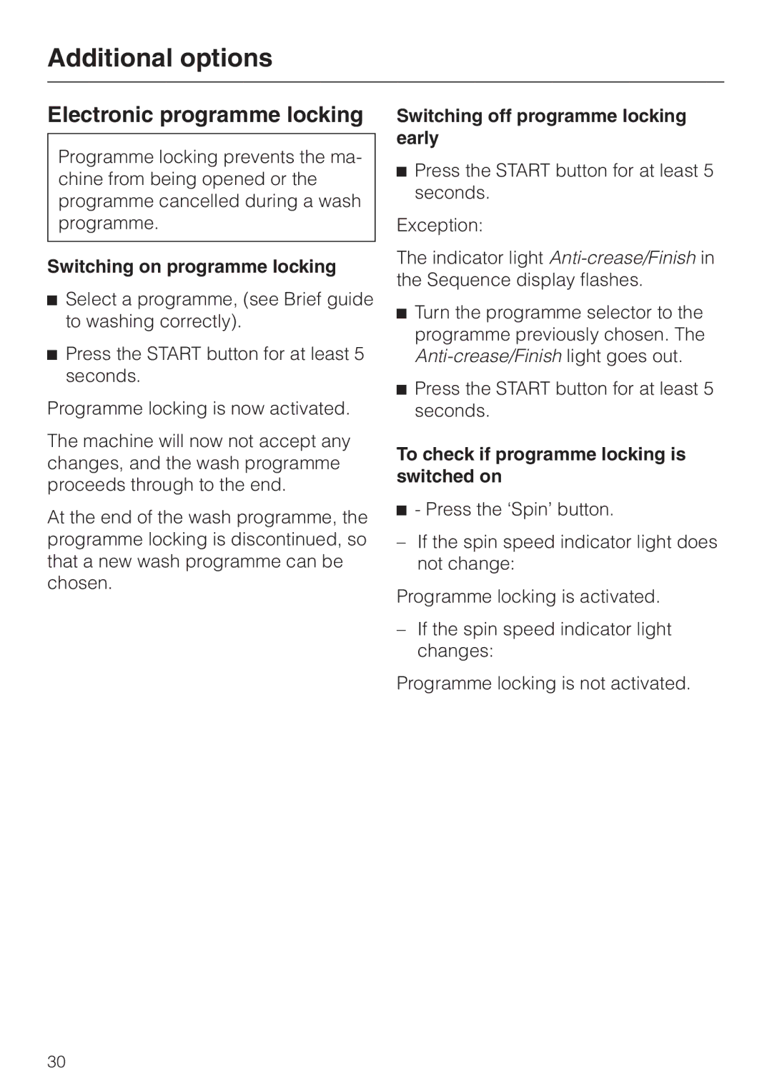 Miele 05 536 980 Electronic programme locking, Switching on programme locking, Switching off programme locking early 