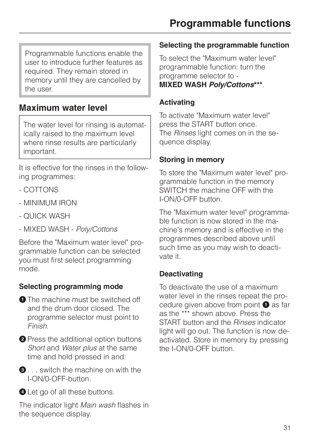 Miele 05 536 980 operating instructions Programmable functions, Maximum water level 