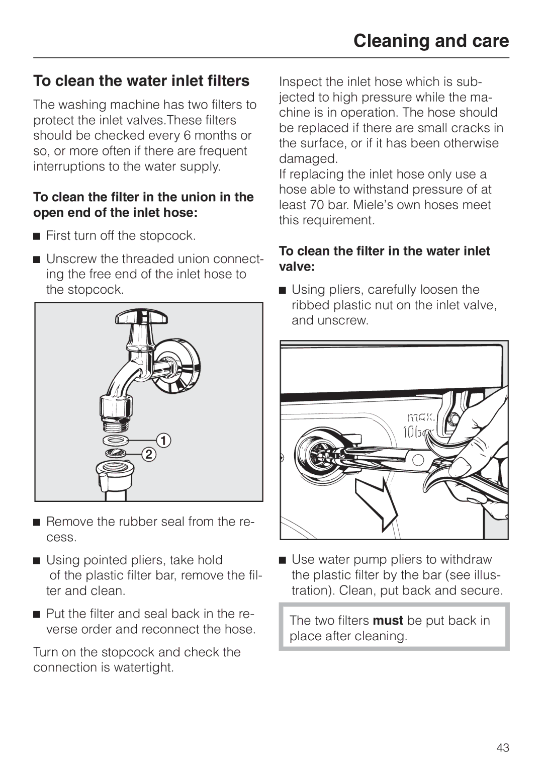 Miele 05 536 980 operating instructions To clean the water inlet filters, To clean the filter in the water inlet valve 