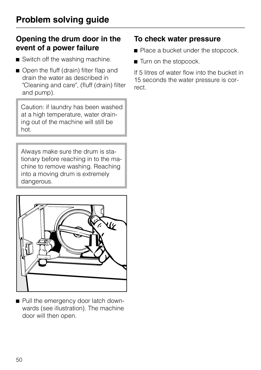 Miele 05 536 980 operating instructions Opening the drum door in the event of a power failure, To check water pressure 