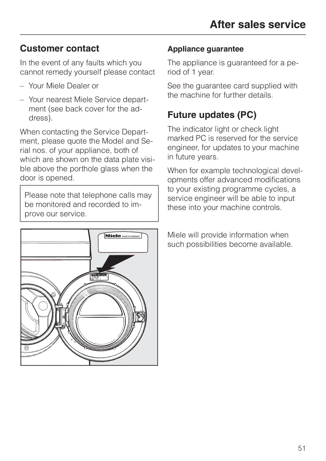 Miele 05 536 980 operating instructions After sales service, Customer contact, Future updates PC, Appliance guarantee 