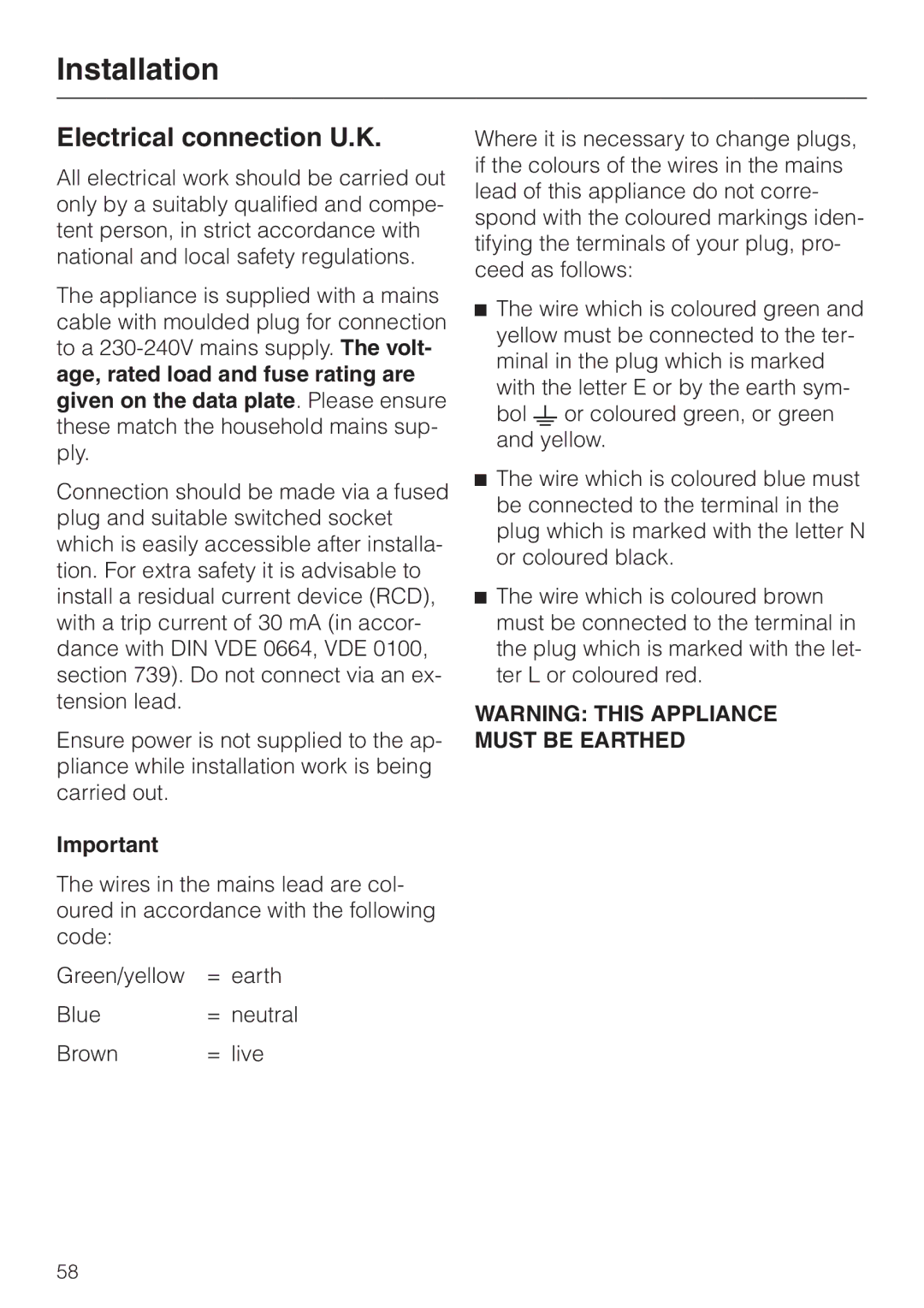 Miele 05 536 980 operating instructions Electrical connection U.K 