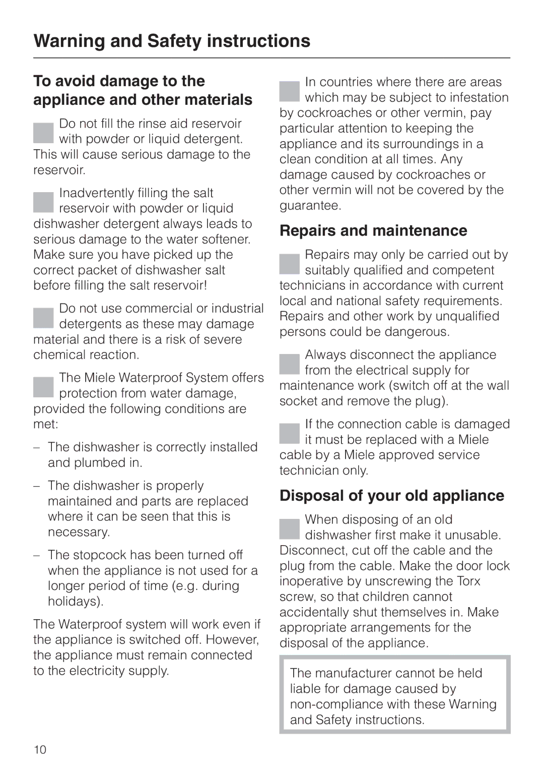 Miele 06 702 810 manual To avoid damage to the appliance and other materials, Repairs and maintenance 