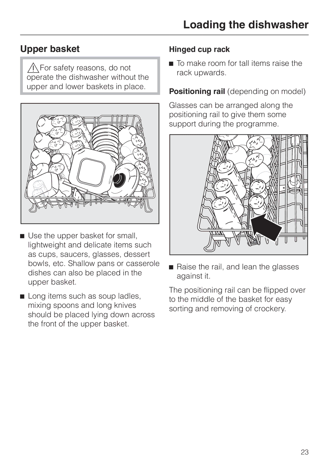 Miele 06 702 810 manual Upper basket, Hinged cup rack 