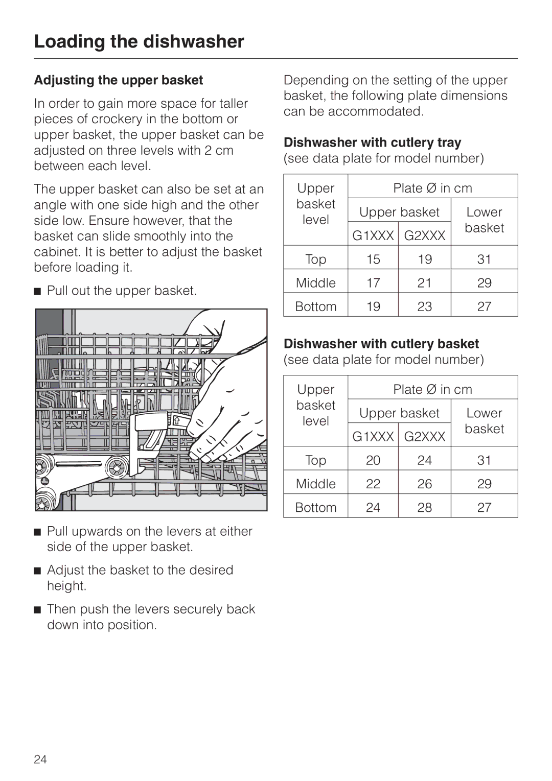 Miele 06 702 810 manual Adjusting the upper basket, Pull out the upper basket, Dishwasher with cutlery tray 