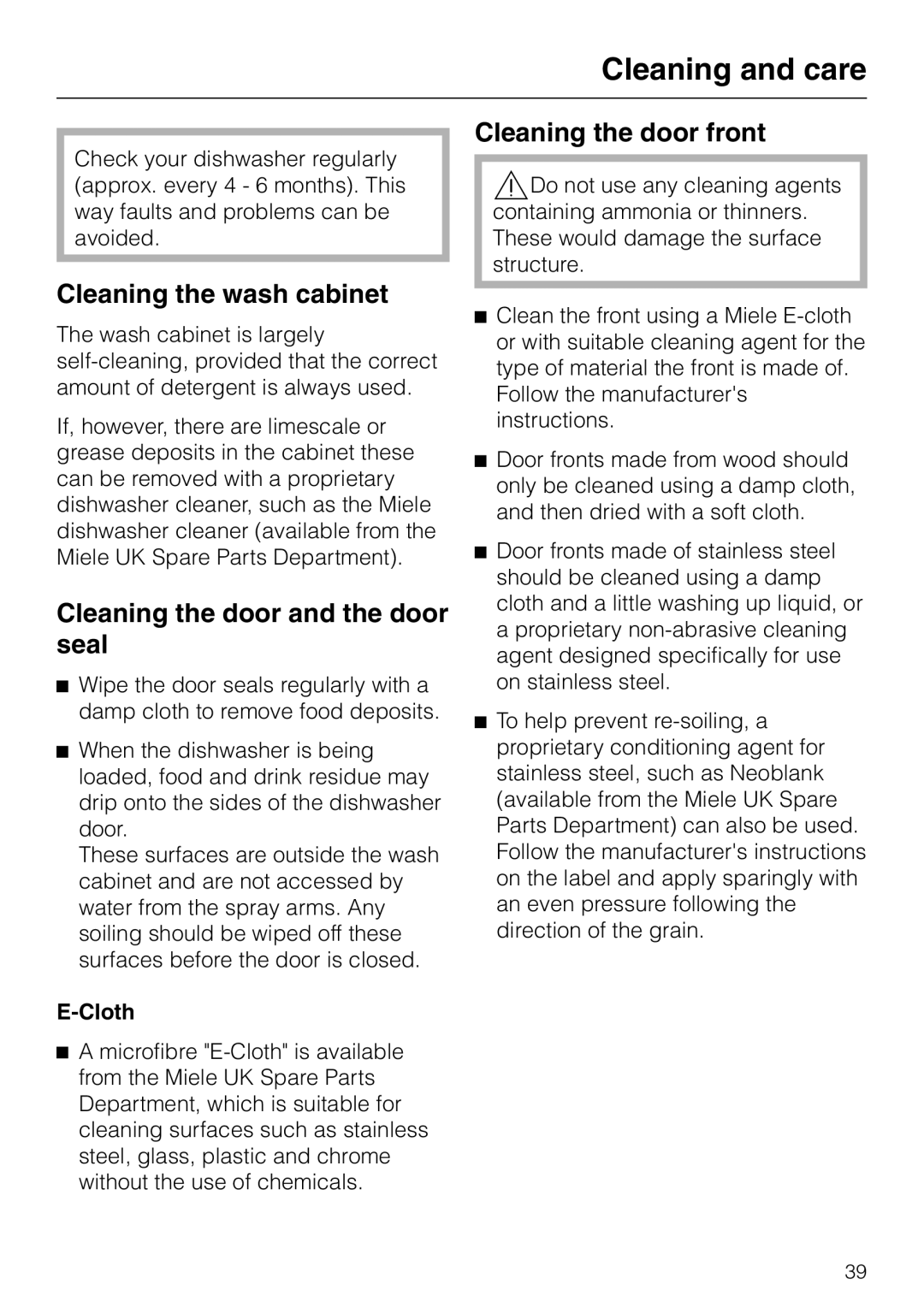 Miele 06 702 810 manual Cleaning and care, Cleaning the wash cabinet, Cleaning the door and the door seal, Cloth 